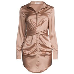 MOONSEA:  The Fringe Twist Front Satin Shirt Dress